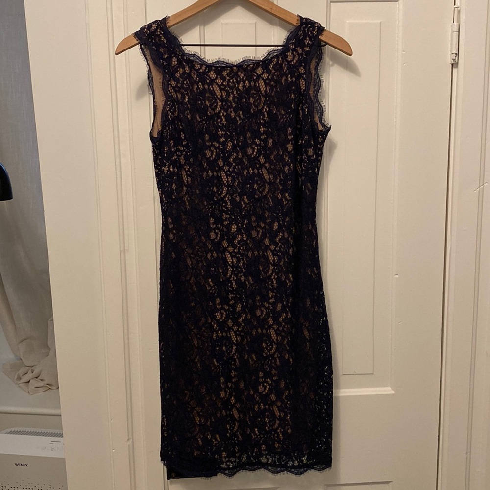 Adrianna Papell Navy boatneck lace dress